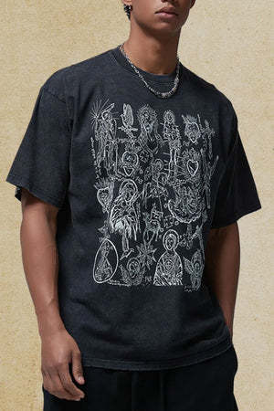 Black vintage wash t-shirt with religious icon graphic print