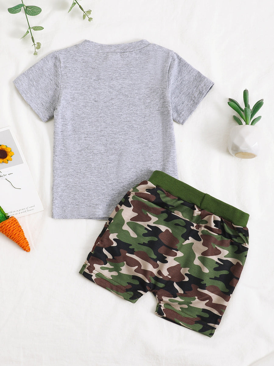 Baby boys camo shorts and gray t-shirt set