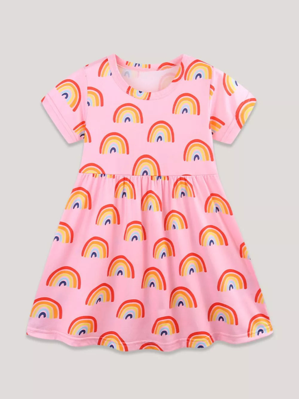Toddler pink cotton blend dress with allover rainbow print, short sleeves, and gathered waist.
