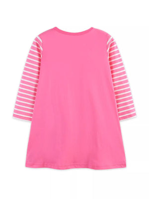 Pink cotton baby dress with long striped sleeves and crew neck.