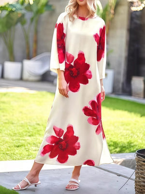 Blue Floral Print Round Neck Dress
