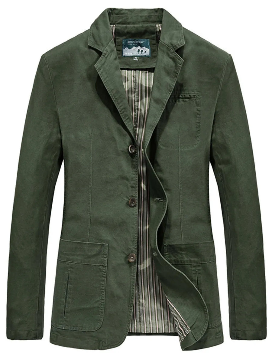 Military green cotton lapel collar blazer with button closure and flap pockets.