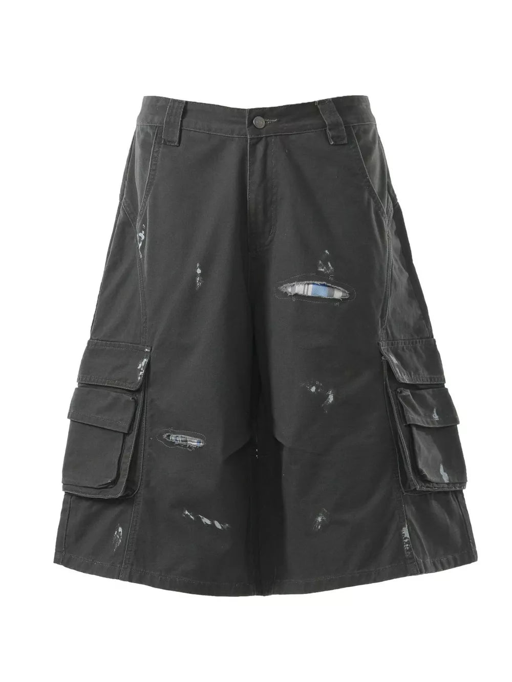 Black distressed cargo capris with multiple pocket details and plaid lining accents.