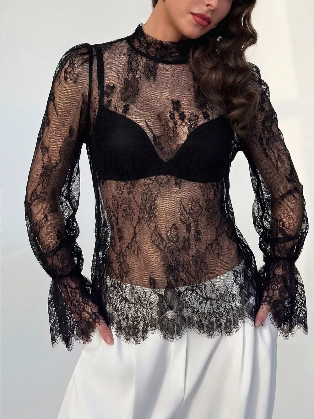 Lace Flounce Sleeve Top in Black
