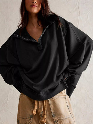 olive green sweatshirt with hip-length and snap
