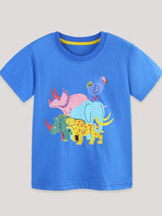 Blue cotton toddler t-shirt with colorful stacked animal graphic print.