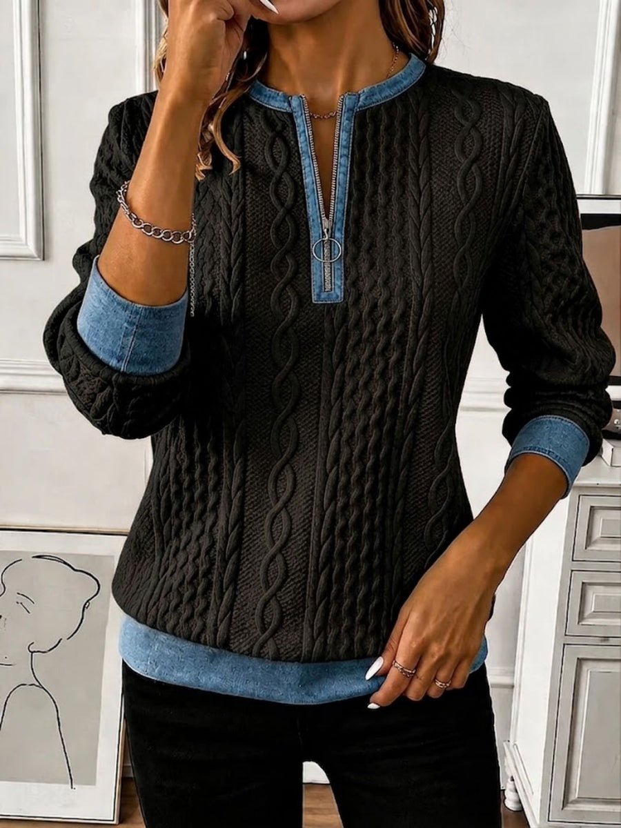 charcoal sweatshirt with cable knit and mock neck