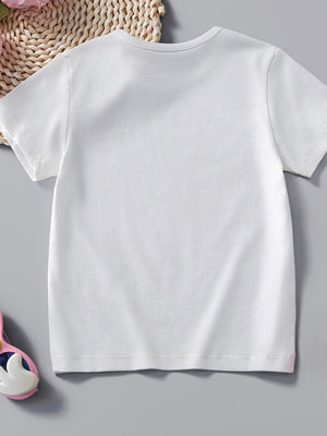White cotton crew neck toddler t-shirt with short sleeves.