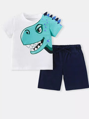 Boys white t-shirt with turquoise dinosaur graphic and navy blue drawstring shorts.
