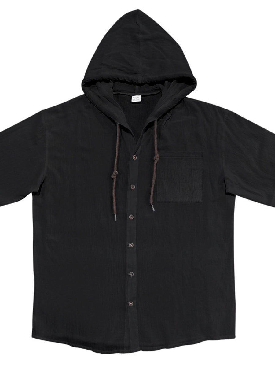 Men's black hooded button-down shirt with short sleeves and a chest pocket.