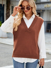 Ribbed knit V-neck sweater vest in Caramel, styled with a white button-down shirt.