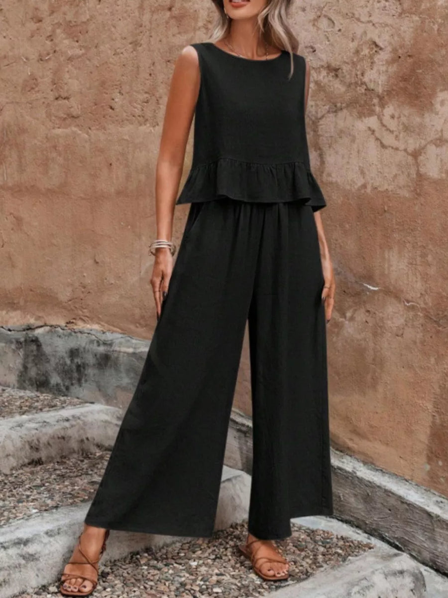 Black ruffled peplum sleeveless top and wide-leg pants set