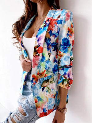 Red Vibrant Floral Print Open Front Blazer