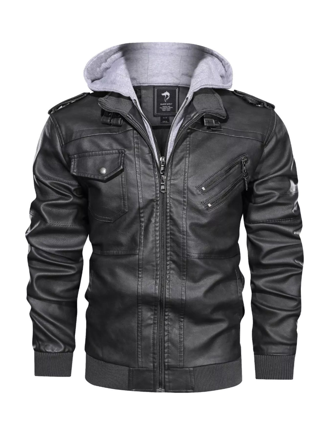 Black faux leather moto jacket with grey hooded insert, zip front, chest pockets, and zippered side pockets.
