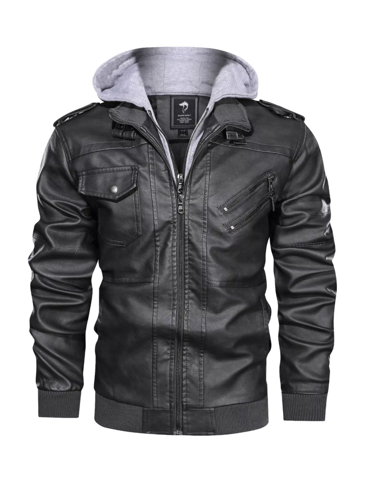 Black faux leather moto jacket with grey hooded insert, zip front, chest pockets, and zippered side pockets.
