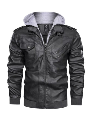 Black faux leather moto jacket with grey hooded insert, zip front, chest pockets, and zippered side pockets.