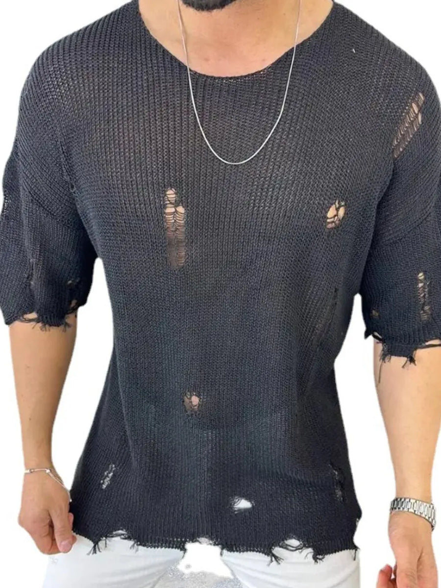 Black open-knit crewneck tee with distressed holes and frayed edges.