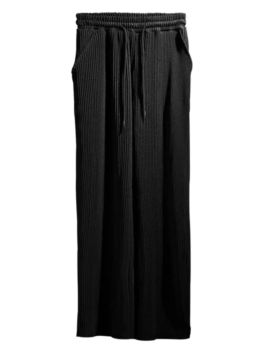 Black textured wide-leg drawstring lounge trousers with pockets