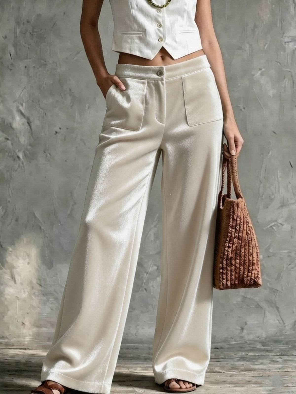 wide-leg pants in ivory featuring buttoned and wide-leg fit