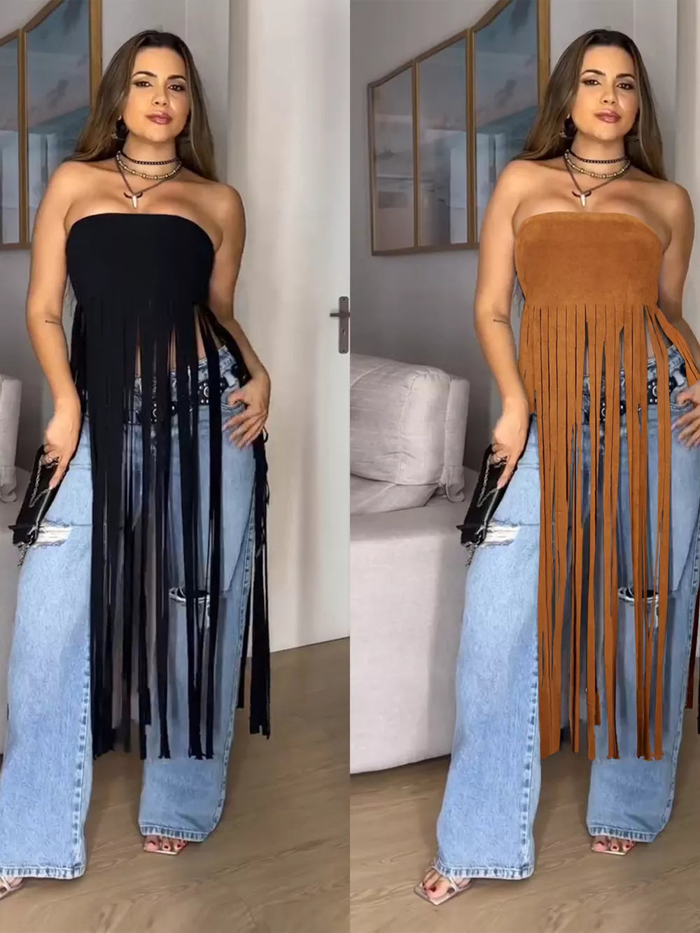 Bohemian fringe trimmed tube top in black and caramel, styled with distressed jeans.
