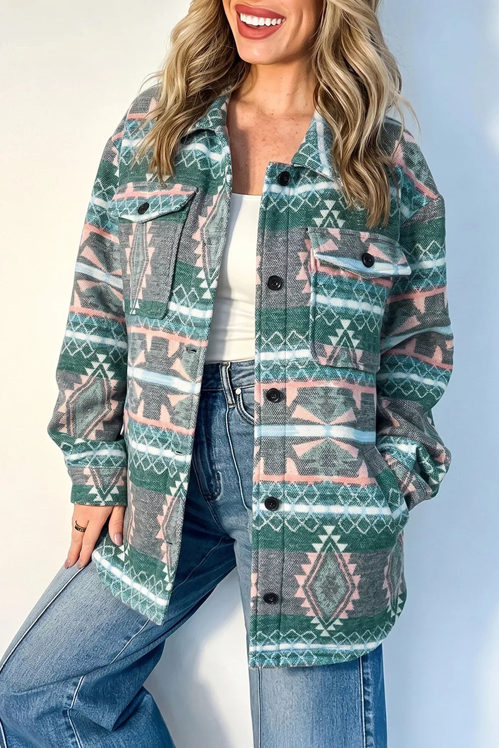 dark green shacket with geometric and collared