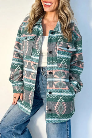 dark green shacket with geometric and collared