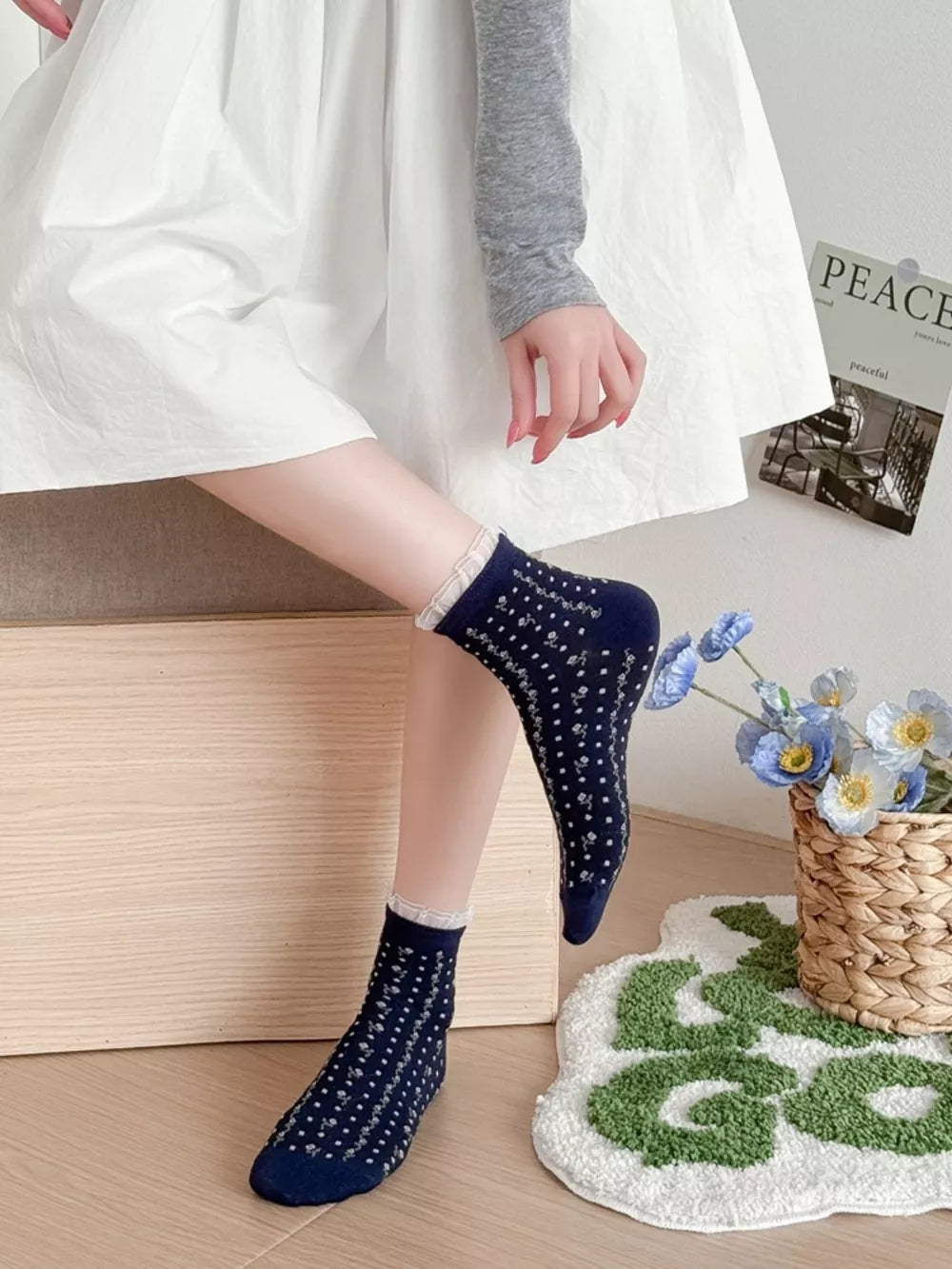 navy blue socks with ditsy-floral and N/A