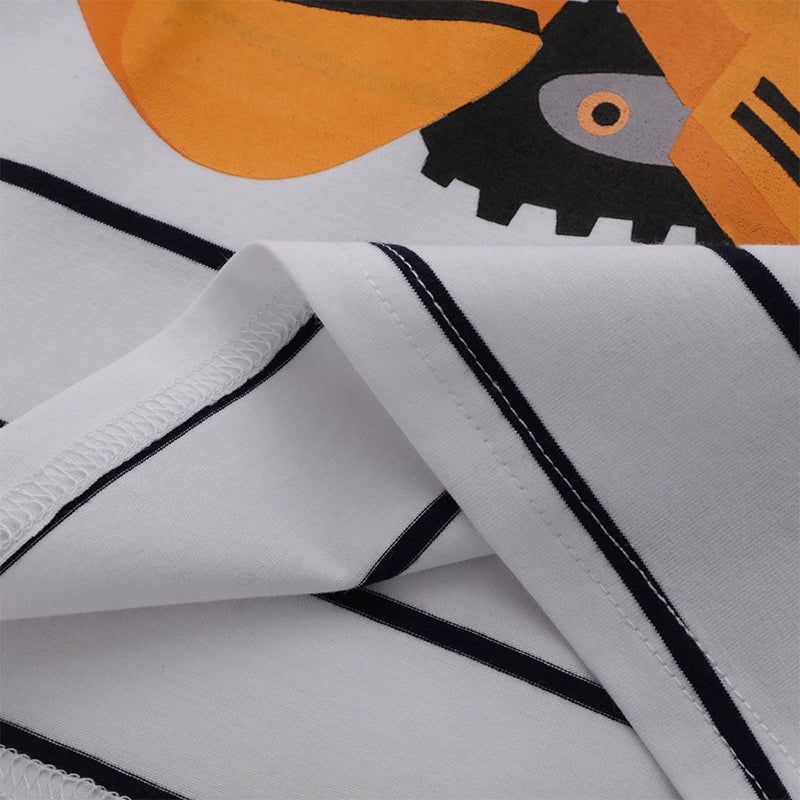 Toddler cotton t-shirt with excavator graphic and navy stripes.