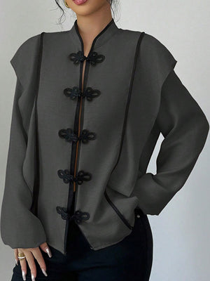 Khaki blouse with mandarin collar and long sleeve