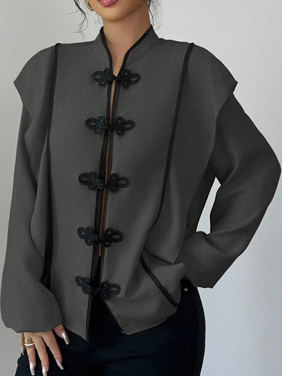 Khaki blouse with mandarin collar and long sleeve