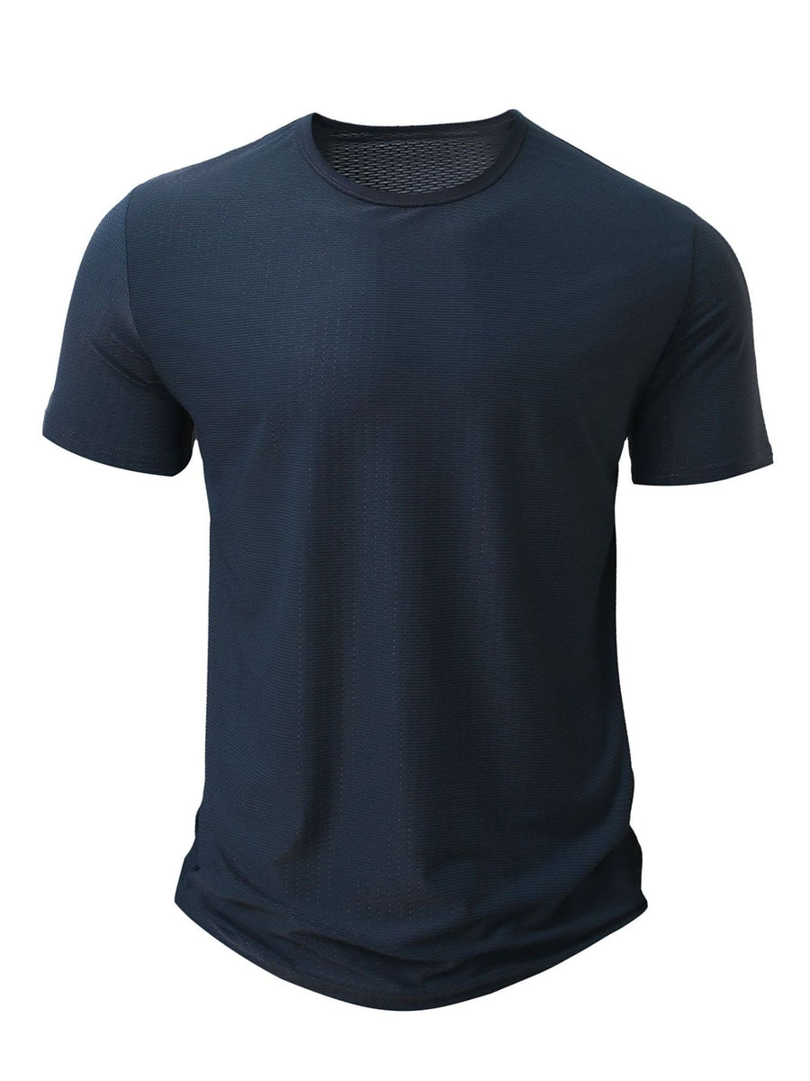 Men's navy blue crew neck active t-shirt with textured breathable fabric