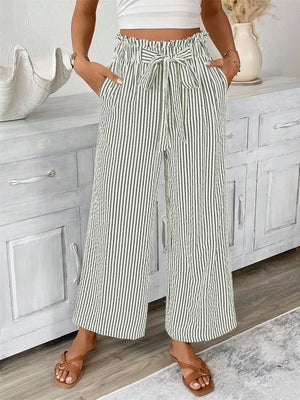 Maternity paper bag pants with tie waist in army green and white stripes, wide leg