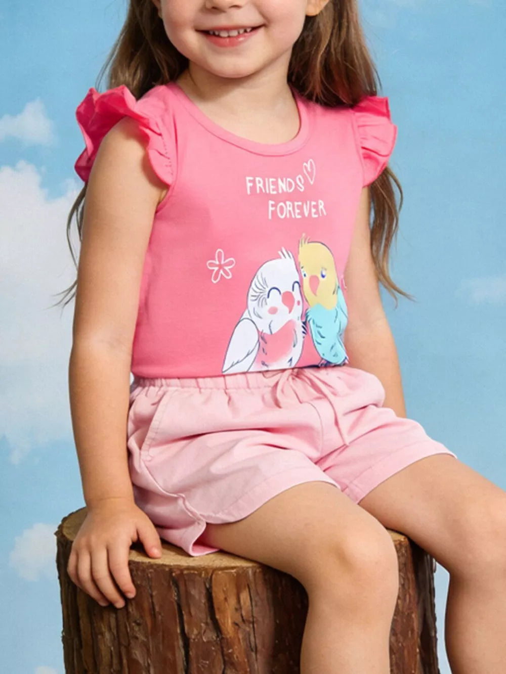 Pink cotton t-shirt with ruffle sleeves, bird graphic, and "Friends Forever" text.