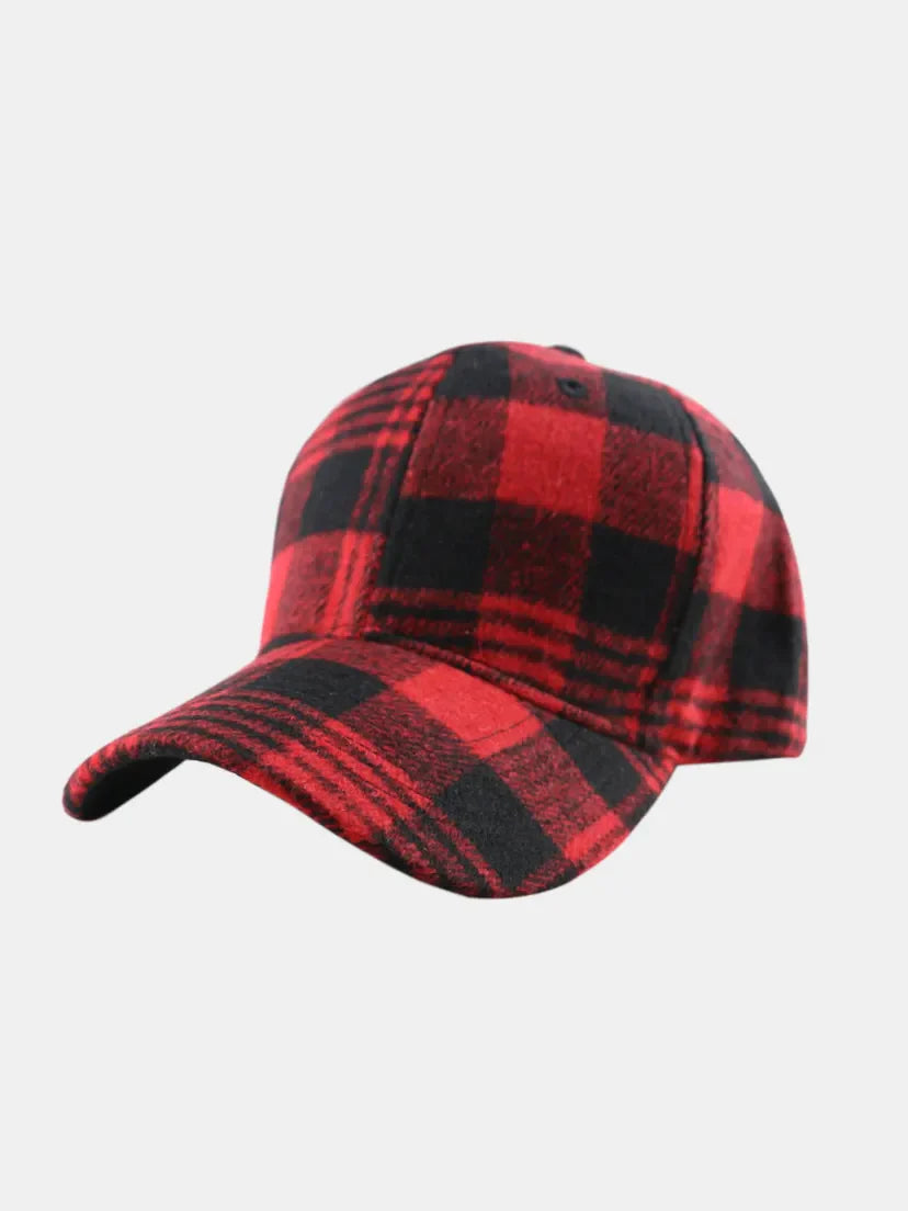 Red and black plaid baseball cap with adjustable strap