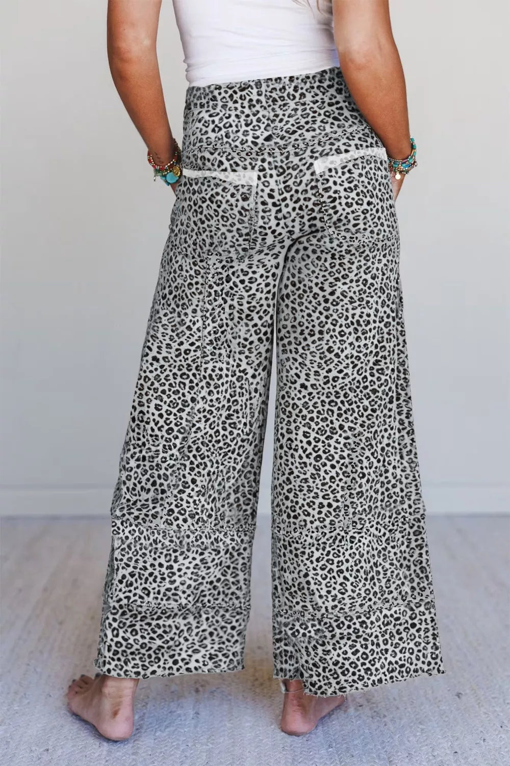 Animal print wide leg pants with drawstring and pockets