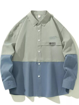 Two-tone oversized casual button-down shirt in French Blue and light gray with a chest pocket.