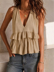 Mocha ruffled V-neck tank top with layered tiers and raw hem.