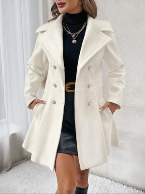 peplum coat in cream featuring double-breasted and A-line fit