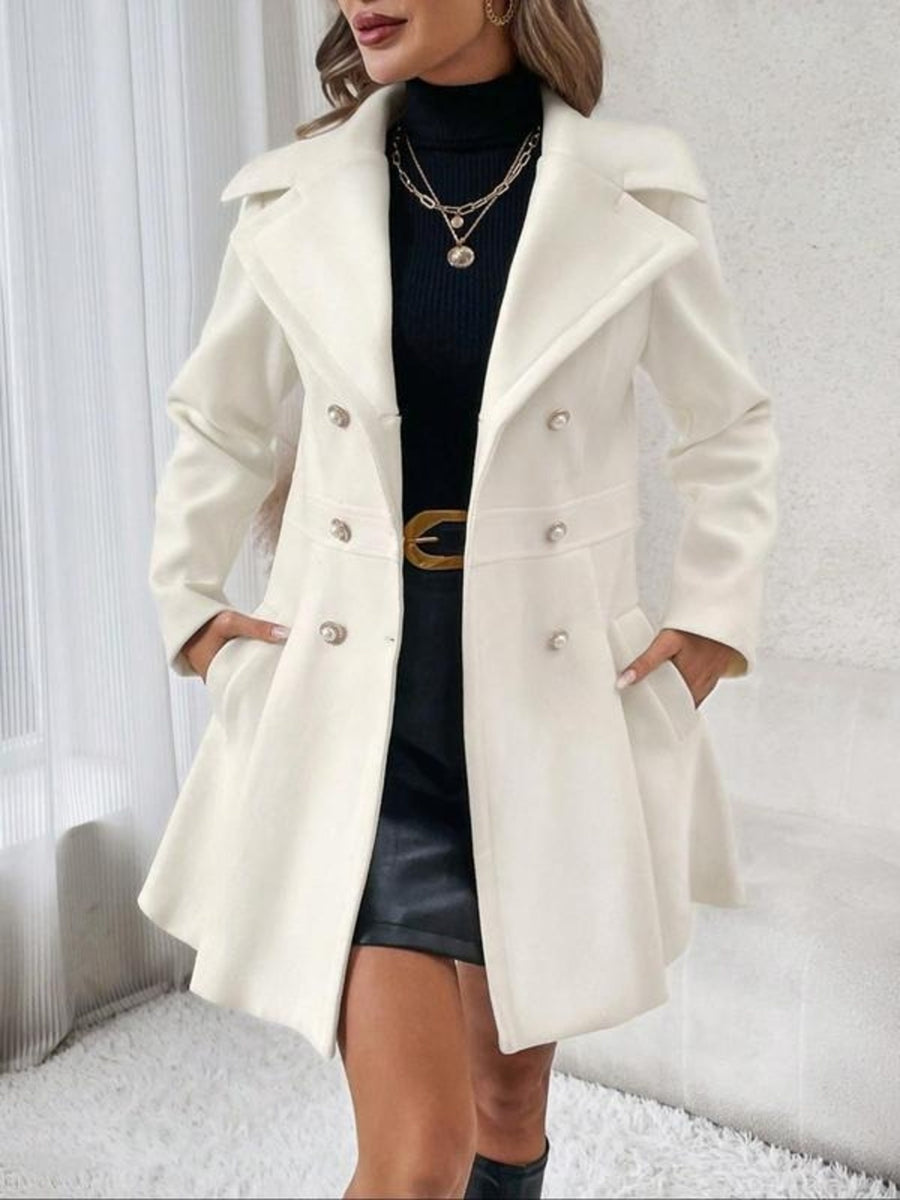 peplum coat in cream featuring double-breasted and A-line fit