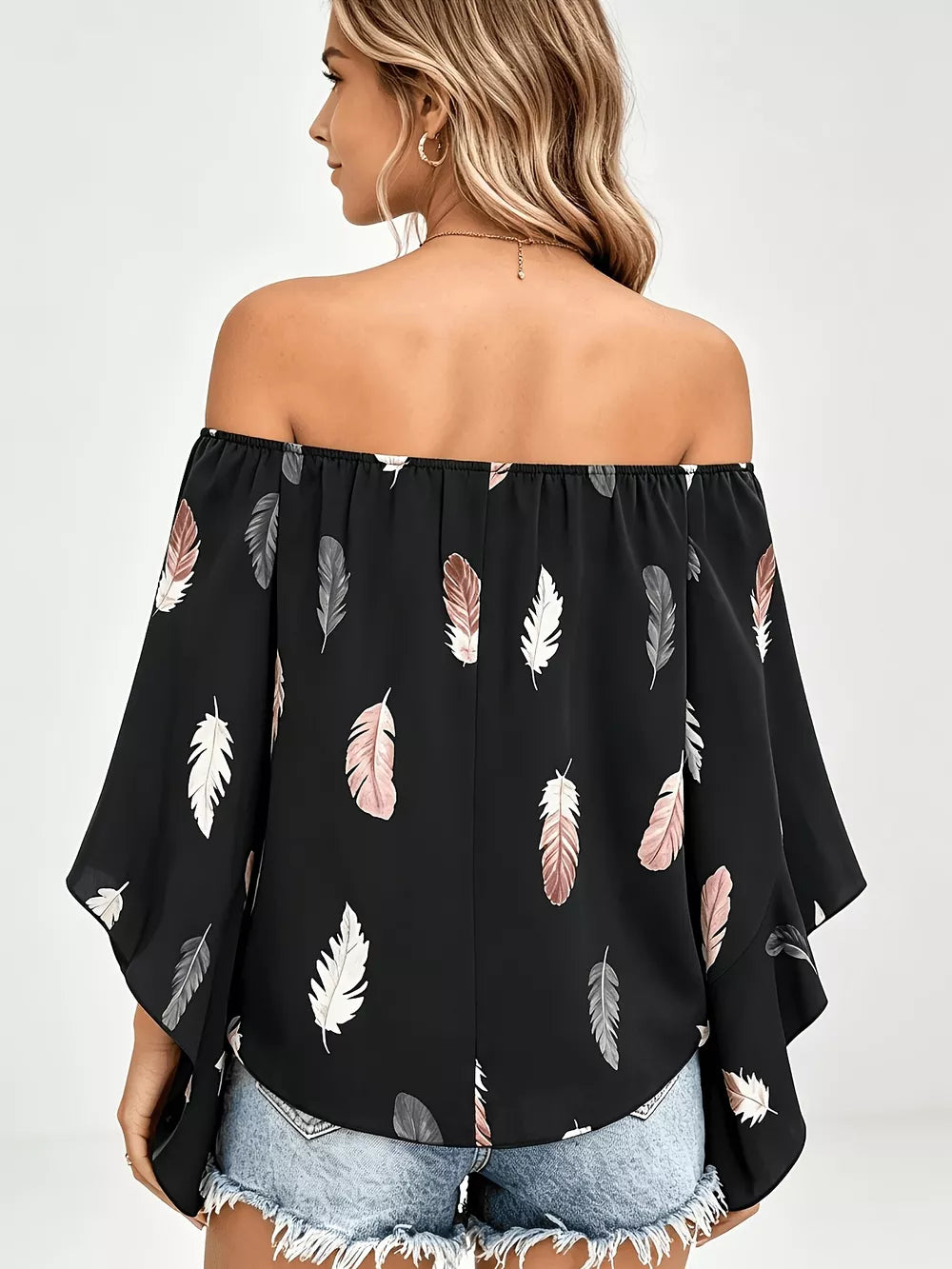 Dark Green off-shoulder top featuring smocked and feather-print