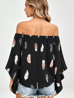 Dark Green off-shoulder top featuring smocked and feather-print