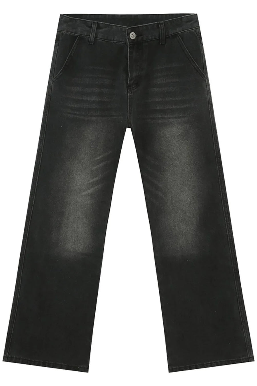 Dark wash denim jeans with a straight leg and pocket details.
