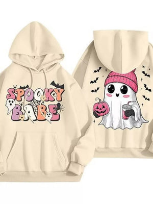 cream pullover hoodie with graphic print and hooded
