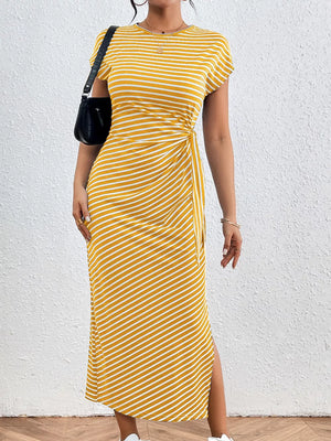 Yellow striped midi dress with tie-side detail and thigh slit.