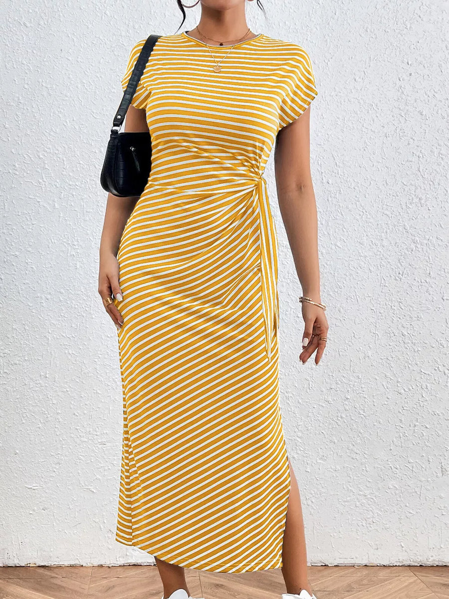 Yellow striped midi dress with tie-side detail and thigh slit.