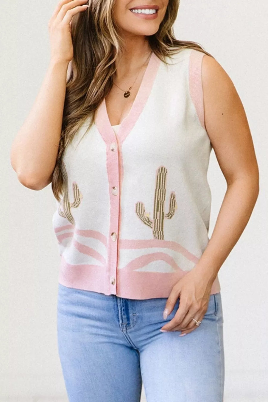 Color Block Cactus Pattern Western Sweater Vest option 6