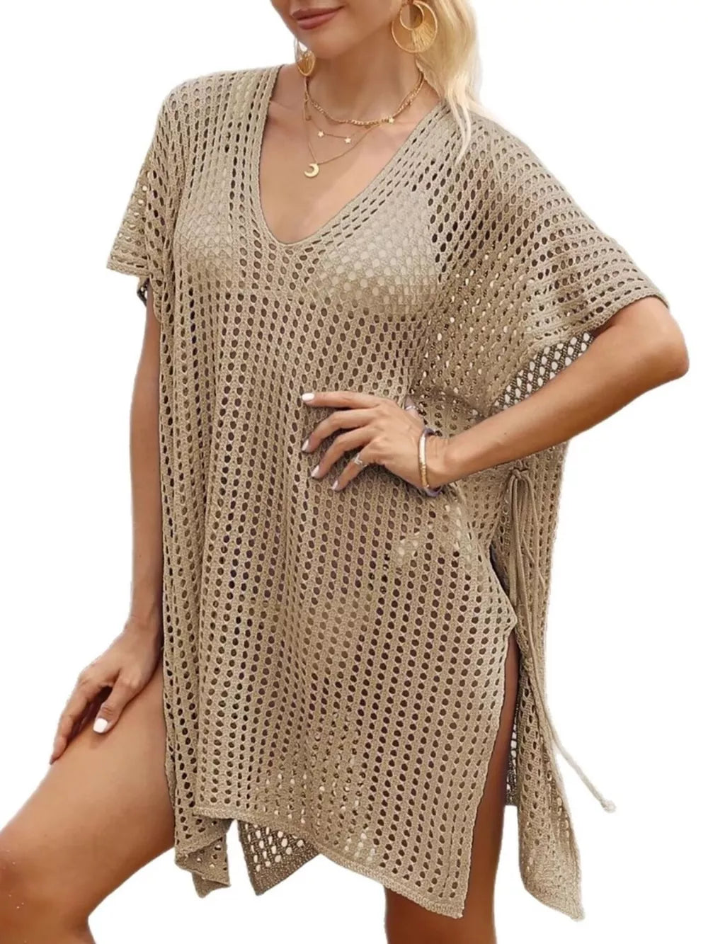 Textured V-neck ruched cover-up in tan with short sleeves and side slits.