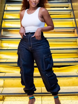 cargo jeans in indigo featuring pocketed and relaxed fit