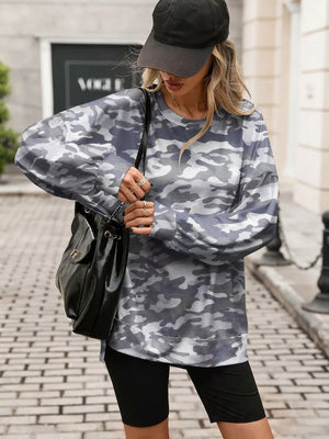 sweatshirt featuring camo in light gray with 65% viscose, 30% polyester, 5% elastane Care instructions: Machine wash cold