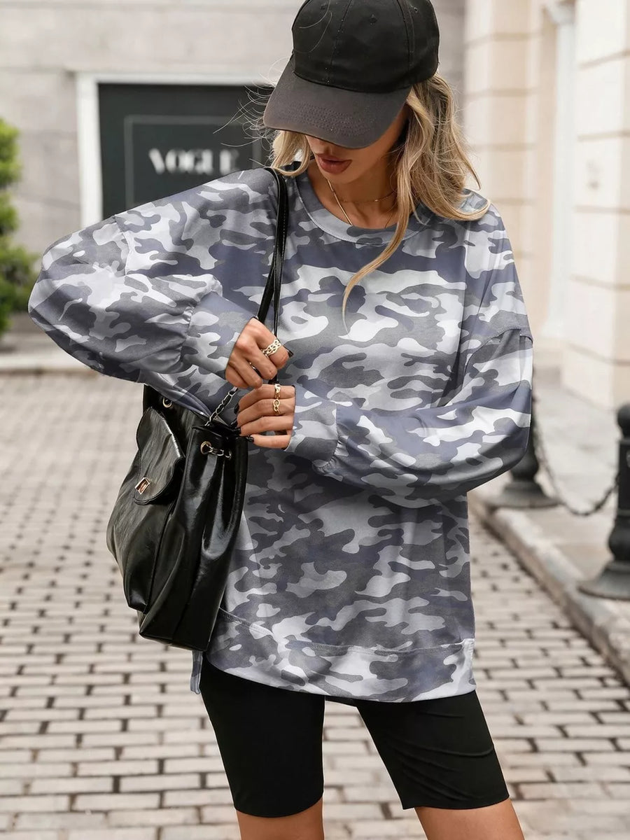 sweatshirt featuring camo in light gray with 65% viscose, 30% polyester, 5% elastane Care instructions: Machine wash cold